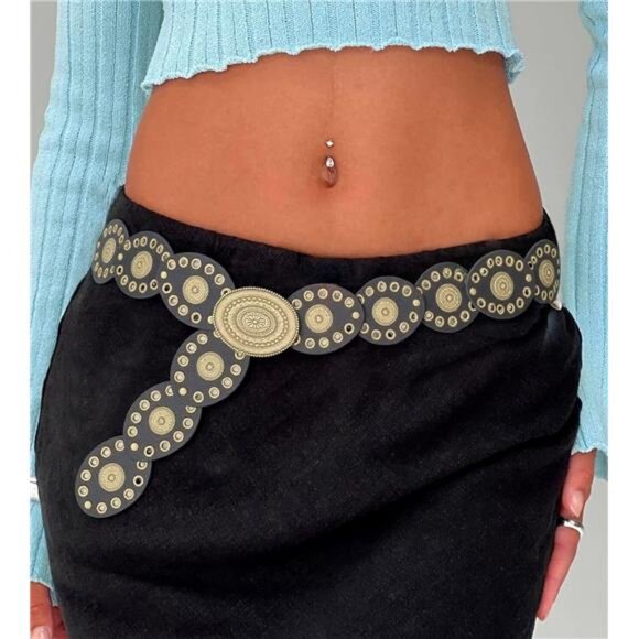 ? Hollow Wide Disc Western Belt for Women – Adjustable PU Leather Waist Belt